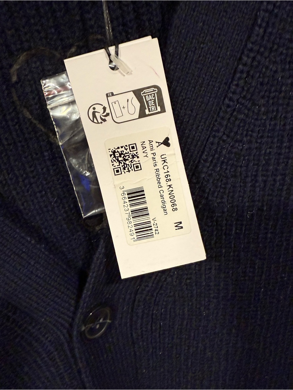Ami Paris Navy Blue Ribbed Cotton V-Neck Button Cardigan image 7